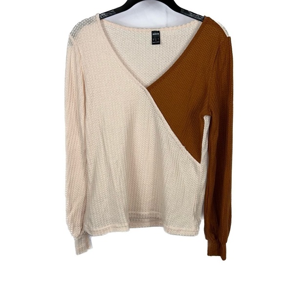 Shein Top Two Tone Surplice Deep V-Neck Faux Wrap Long Sleeve Pullover Shirt - Picture 1 of 9